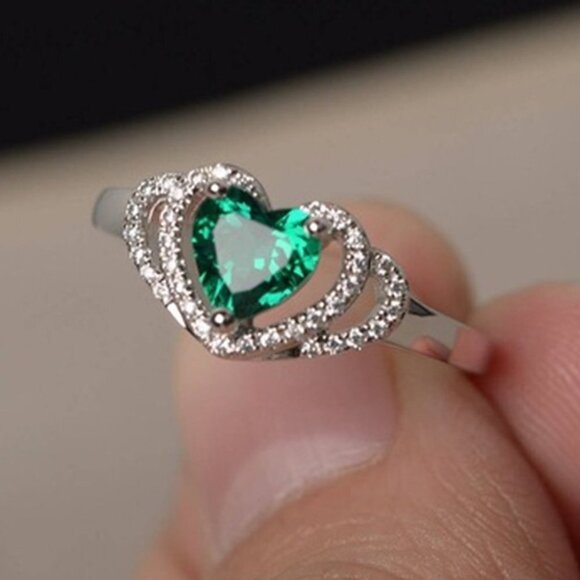 🍁 Sweet Multi Layer Hollow Heart Green Crystal Clear CZ Rings Women, PD324 - Picture 3 of 4